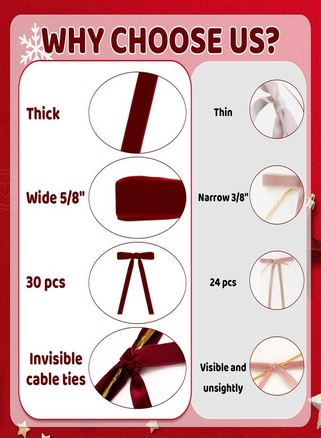 MIRJXB Christmas Tree Bows, Vintage Vel-Vet Christmas Tree Decorations, Burgundy Red Vel-Vet Bows for Christmas Tree, 30pcs Premade Bows for Gift Wrapping, Fireplace Decor, Party Decorations - Image 3